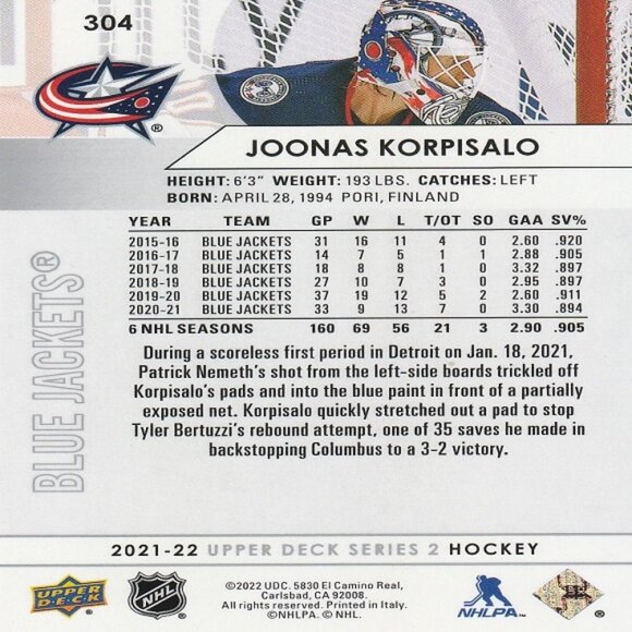 Joonas Korpisalo - 2021/2022 Upper Deck Series 2 Hockey Card - Picture 2 of 2
